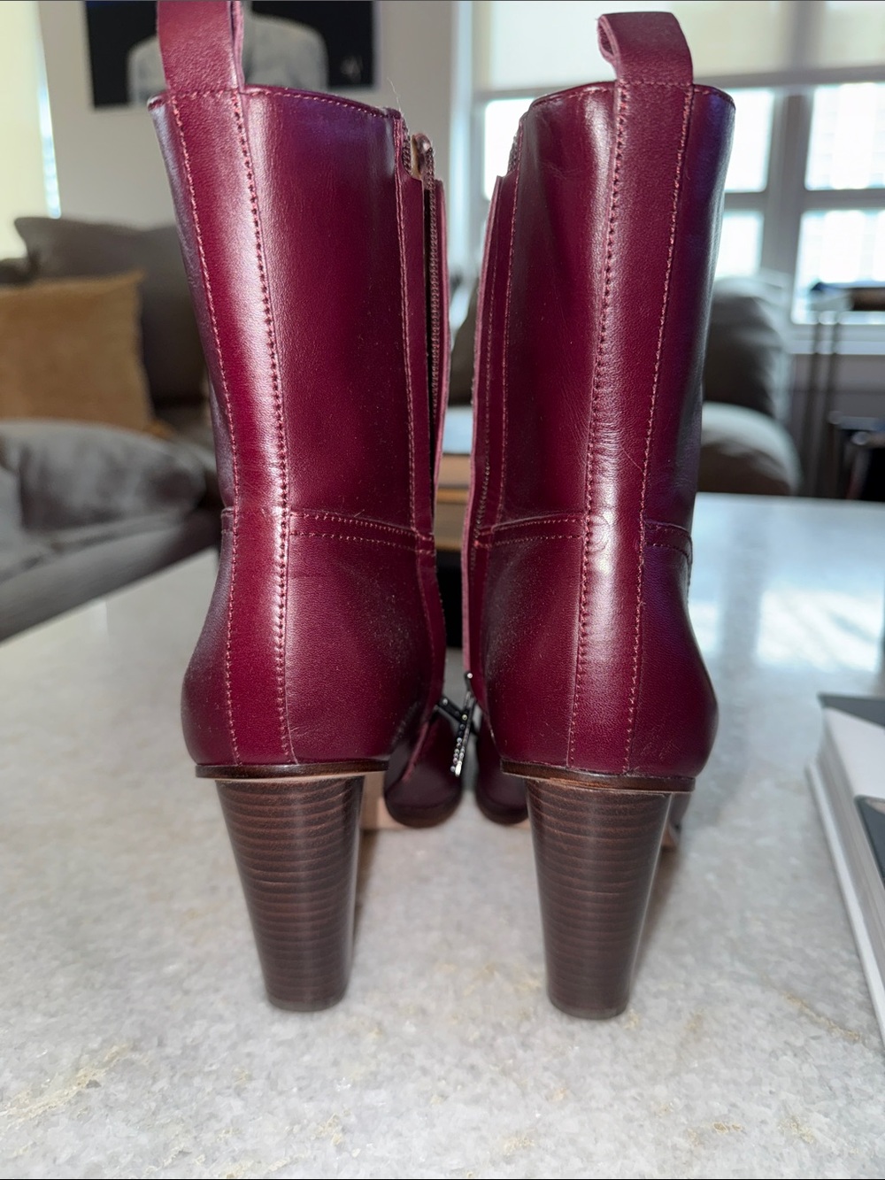 Veronica Beard Burgundy Pointed-Toe Leather Mid-Calf Boots - Picture 5 of 9